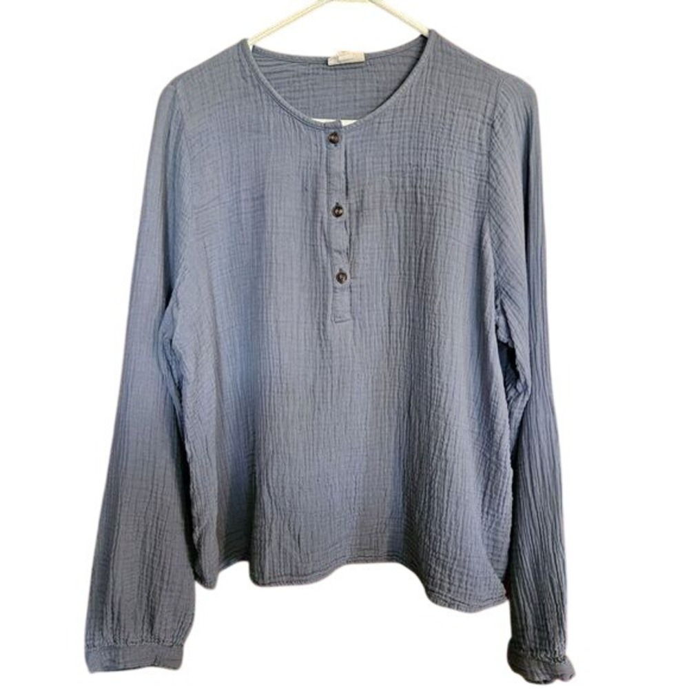ana Womens L Blue Gauzy Cotton Blouse Off Shoulder Boho Long Sleeve Peasant Top‎